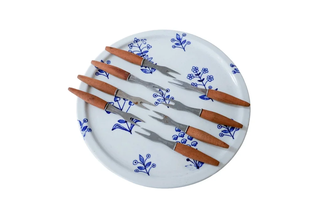 VTG Wood Cocktail Appetizer Fork Set of 8 Japan Midcentury Retro Tiki Party Bar